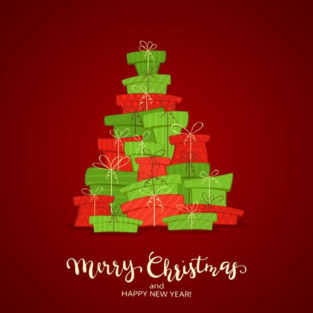 Set of red and green gifts in the form of a Christmas tree on red background with text Merry Christmas and Happy New Year. Illustration can be used for holiday design, cards, invitations and banners.のイラスト素材