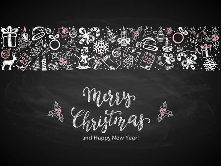 Text Merry Christmas and white decorative elements on black chalkboard background. Illustration with lettering and decoration can be used for holiday design, cards, invitations, postcards and banners.のイラスト素材
