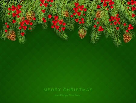 Holiday decorations with fir tree branches, pine cones and holly berries on green background. Lettering Merry Christmas and Happy New Year. Illustration can be used for holiday design, cards, banners.のイラスト素材