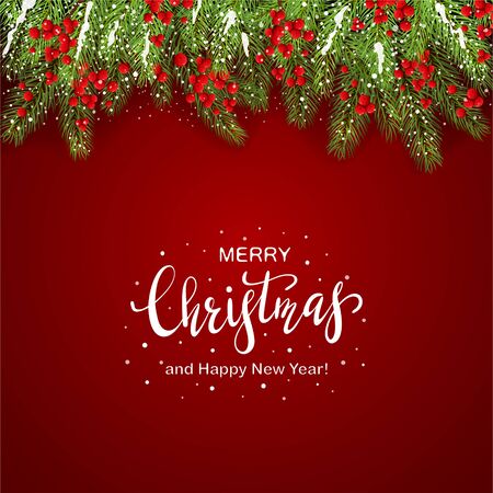 Holiday decorations with fir tree branches and holly berries on red background. White lettering Merry Christmas and Happy New Year. Illustration can be used for holiday design, cards and banners.のイラスト素材