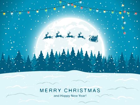 Santa Claus on a sleigh with deer flying over the forest. Lettering Merry Christmas and Happy New Year on blue snowy background. Illustration can be used for holiday design, cards and banners.のイラスト素材
