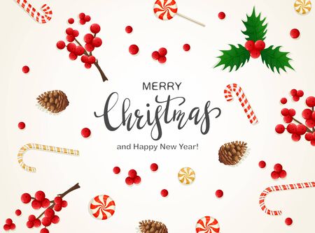 Lettering Merry Christmas with candy canes, sweets, pine cones and holly berries on white background. Illustration can be used for holiday design, cards, invitations, posters, postcards and banners.のイラスト素材
