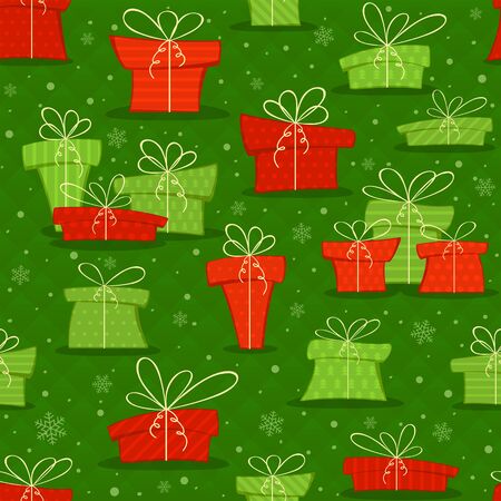 Christmas seamless background with colorful presents and snowflakes on green background. Illustration can be used for backdrops, wrapper, holiday cards, children's holiday or clothing design.のイラスト素材