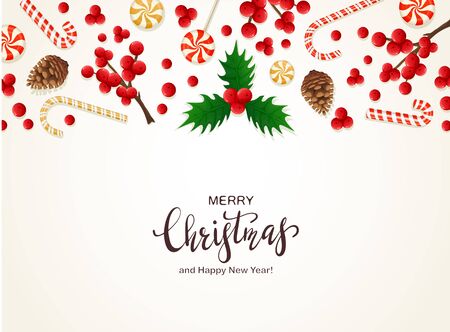 Text Merry Christmas and Happy New Year with candy canes, sweets, pine cones and holly berries. Illustration can be used for holiday design, cards, invitations, posters, postcards and banners.のイラスト素材
