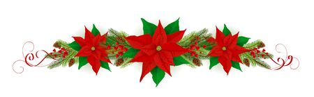 Christmas decorations with red poinsettia, fir tree branches and streamers, isolated on white background. Illustration can be used for holiday design, cards, invitations, postcards and banners.のイラスト素材