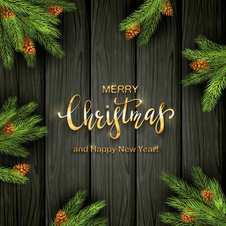 Christmas decorations with fir tree branches and pine cones at the corners on black wooden background. Illustration with golden lettering can be used for holiday design, cards, invitations and bannersのイラスト素材