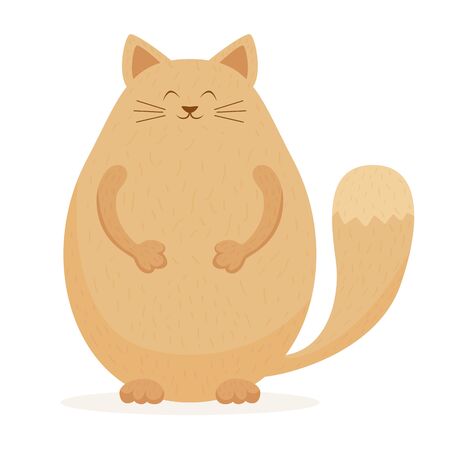 Cute fat cat isolated on white background. Happy domestic animal. Illustration with Funny pet can be used for holiday design, cards, children's clothing or things design, banners, animal shop.のイラスト素材