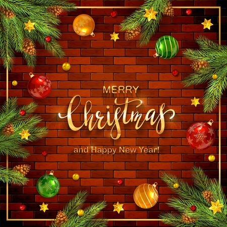 Christmas decorations with fir tree branches, pine cones, balls and golden stars on brick wall background. Illustration with gold letters can be used for holiday design, cards, invitations and bannersのイラスト素材