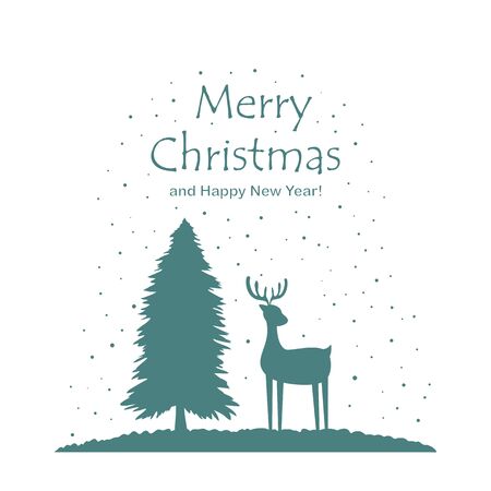 Silhouette of deer and Christmas tree isolated on white background. Winter illustration can be used for holiday design, cards, children's clothing or things design, invitations, postcards and banners.のイラスト素材