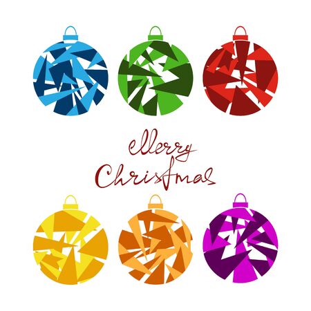 Set of polygonal colorful Christmas balls isolated on white background with lettering Merry Christmas. Illustration can be used for holiday design, cards, invitations and banners.のイラスト素材