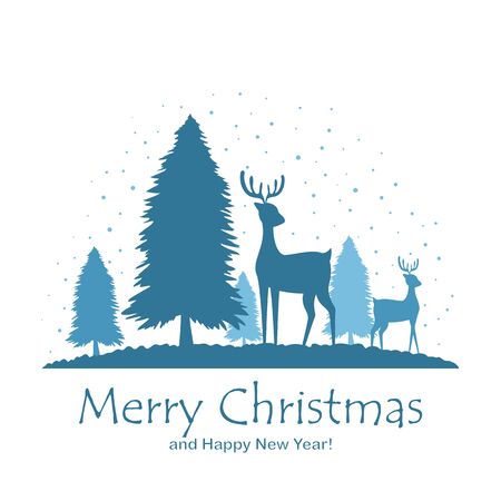 Blue silhouettes of deer and Christmas trees isolated on white background. Winter snowy illustration can be used for holiday design, cards, children's clothing or things design, invitations and bannerのイラスト素材