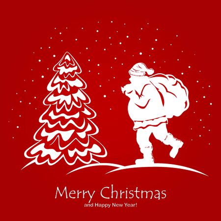 Silhouette of Santa Claus and Christmas tree. Red winter background with lettering Merry Christmas and Happy New Year. Illustration can be used for holiday cards, children's clothing or things design.のイラスト素材