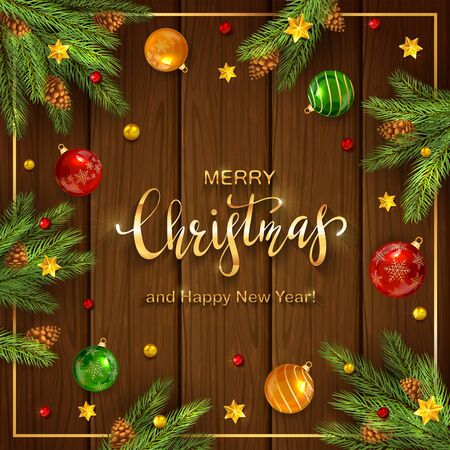 Christmas decorations with fir tree branches, pine cones, balls and golden stars on wooden background. Illustration with gold letters can be used for holiday design, cards, invitations and banners,のイラスト素材