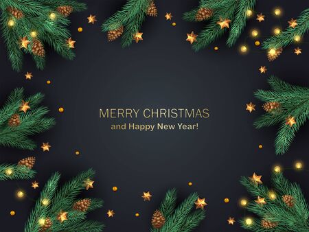 Decorations with fir tree branches, pine cones, Christmas lights and golden stars on black background. Illustration can be used for holiday design, cards, invitations, postcards and banners.のイラスト素材