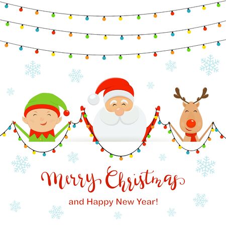 Santa with little elf and cute deer stand behind the banner and hold colorful Christmas lights. White background with snowflakes. Illustration for holiday design, cards, invitations and banners.のイラスト素材