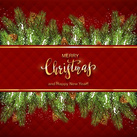 Christmas decorations on red background with fir tree branches, pine cones and snow. Golden lettering on red banner. Illustration can be used for holiday design, cards, invitations, postcards, bannersのイラスト素材