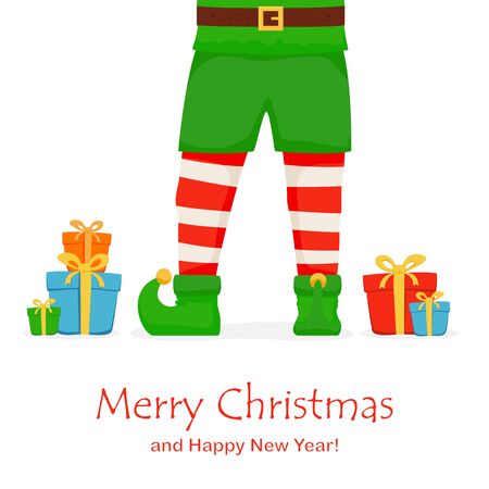 Elf legs with Christmas gift boxes. Lettering Merry Christmas and Happy New Year on white winter background. Illustration can be used for holiday design, cards, invitations and banners.のイラスト素材
