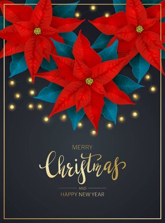Decorations with flowers of red poinsettia and Christmas lights on dark background. Illustration with golden lettering Merry Christmas can be used for holiday design, cards, invitations and banners.のイラスト素材