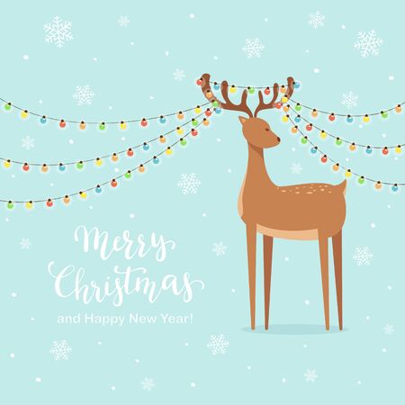 Deer holding on horns colorful Christmas lights. Cute animal on blue snowy background. Illustration can be used for holiday design, cards, children's clothing or things design, invitations, banners.のイラスト素材