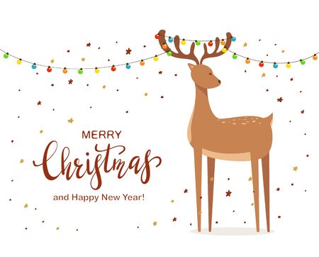 Deer holding on horns colorful Christmas lights isolated on white background with stars and dots. Illustration can be used for holiday design, cards, children's clothing design, invitations, bannerのイラスト素材