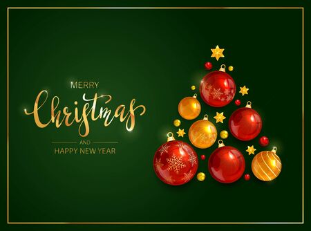 Red and gold Christmas balls and shiny stars on dark background. Illustration with lettering Merry Christmas can be used for holiday design, cards, invitations, posters, postcards and banners.のイラスト素材