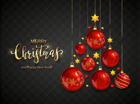 Red Christmas balls and shiny stars on black background. Illustration with lettering Merry Christmas can be used for holiday design, cards, invitations, posters, postcards and banners.のイラスト素材
