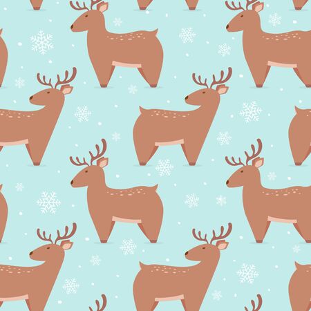 Blue seamless background with cute Christmas deer and snowflakes. Illustration with funny animals can be used for backdrops, wrapper, wallpaper, holiday cards, children's clothing or things design.のイラスト素材