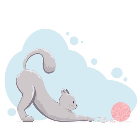 Cute cat play with a wool ball on the blue background. Funny kitty playing a yarn. Illustration in cartoon style can be used for holiday card, children's clothing or things design, banner, animal shopのイラスト素材