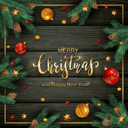 Christmas decorations with fir tree branches, pine cones, balls and golden stars on black wooden background. Illustration with gold letters can be used for holiday design, cards, invitation and bannerのイラスト素材