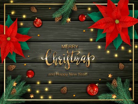 Decorations with red poinsettia, Christmas lights, balls, fir tree branches and pine cones on black wooden background. Illustration can be used for holiday design, cards, invitations and banners.のイラスト素材
