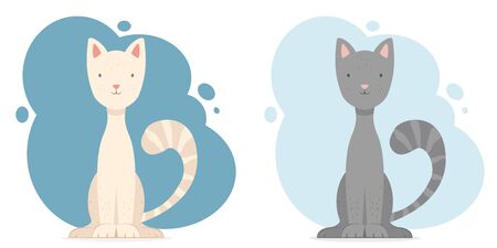 Two cute cats on the blue background. Funny grey and pink kitten. Illustration with animals in cartoon style can be used for holiday card, children's clothing or things design, banners, animal shop.のイラスト素材