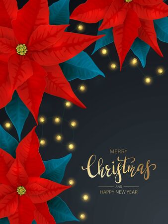 Holiday decorations with poinsettia and Christmas lights on dark blue background. Illustration with red flower and golden text Merry Christmas can be used for holiday design, cards, invitation, bannerのイラスト素材