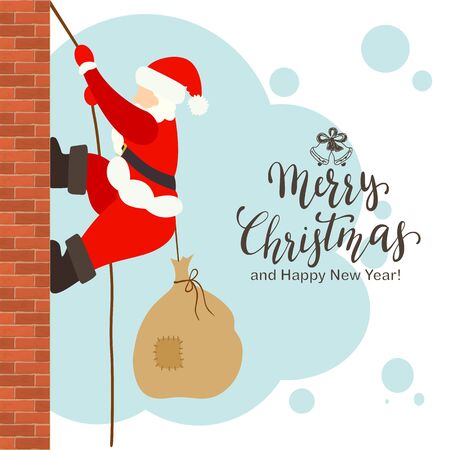 Santa Claus with a bag of gifts climbs up the brick wall. Illustration with lettering Merry Christmas can be used for holiday design, cards, invitations, posters, postcards and banners.のイラスト素材