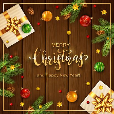 Christmas decorations with gift boxes, fir tree branches, pine cones, balls and golden stars on wooden background. Illustration can be used for holiday design, cards, invitations and banners.のイラスト素材