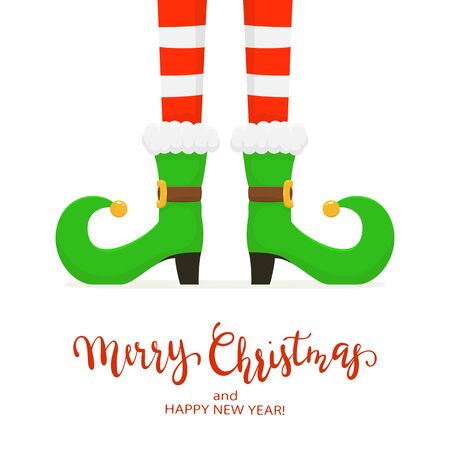 Christmas party costume. Elf legs in green boots isolated on white background. Illustration can be used for holiday card, children's clothing or things design, invitations, banners.のイラスト素材