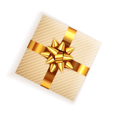 Gift box for Birthday or Christmas with golden holiday bow isolated on white background. Illustration with beautifully packaged gift can be used for holiday design, cards, invitations and banners.のイラスト素材