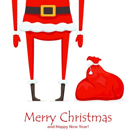 Legs of Santa Claus and red Christmas sack with gift boxes isolated on white winter background. Text Merry Christmas and Happy New Year. Illustration can be used for holiday design, cards, banners.のイラスト素材
