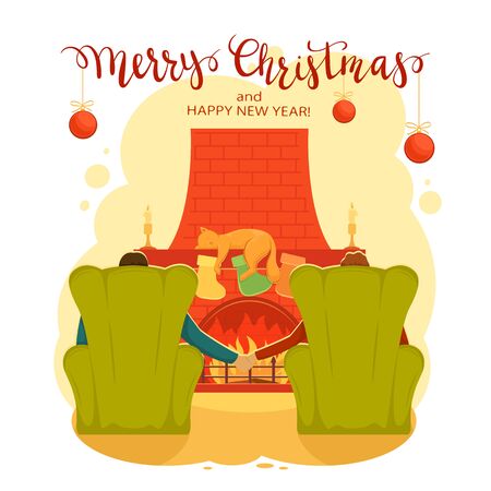 Man and woman sit in chairs near the Christmas fireplace with socks, on which the cat sleeps. Cartoon illustration with Christmas balls can be used for holiday design, cards, invitation, banners.のイラスト素材