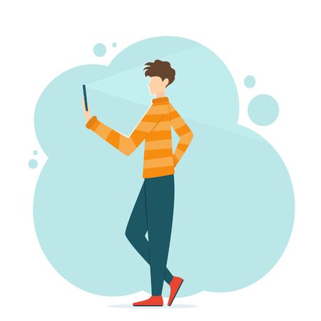 Cute young Man takes selfie on a smartphone. Guy holds the phone in his hand and takes video or photo. Illustration in cartoon flat style can be used for clothing or things design, banners, app store.のイラスト素材