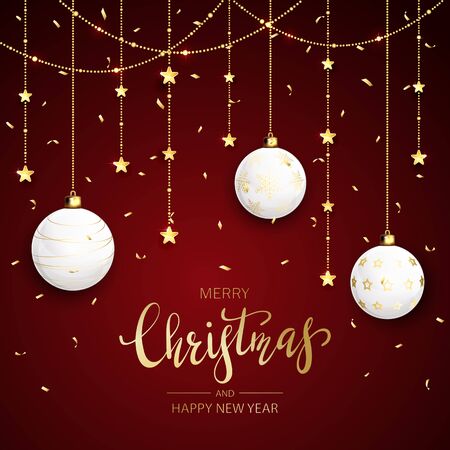White Christmas balls with golden stars and confetti on dark red holiday background. Illustration with text Merry Christmas can be used for holiday design, cards, invitations, postcards and banners.のイラスト素材