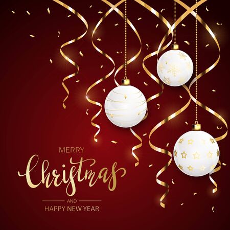 White Christmas balls with golden streamers and confetti on red holiday background with lettering Merry Christmas and Happy New Year, illustration.のイラスト素材