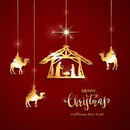 Christian Christmas theme. Golden elements on red background. Birth of Jesus, shining star and three wise men. Illustration can be used for holiday design, cards, invitations, postcards, banners.のイラスト素材