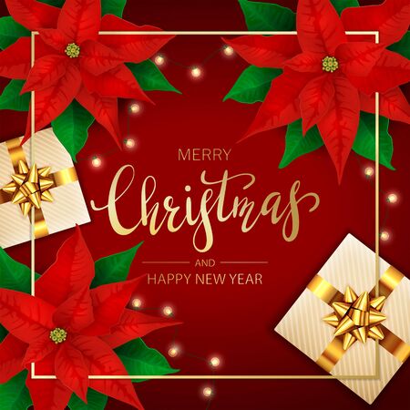 Holiday decorations with red poinsettia, gift boxes and Christmas lights on red background. Illustration with flower and text Merry Christmas can be used for holiday design, cards, invitations, bannerのイラスト素材