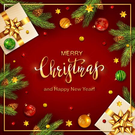Christmas decorations with gift boxes, fir tree branches, pine cones, balls and golden stars on red background. Illustration can be used for holiday design, cards, invitations and banners.のイラスト素材