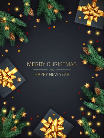 Holiday decorations with gifts and bow, fir tree branches, pine cones, Christmas lights and golden stars on dark background. Illustration can be used for Christmas design, cards, invitations, banners.のイラスト素材
