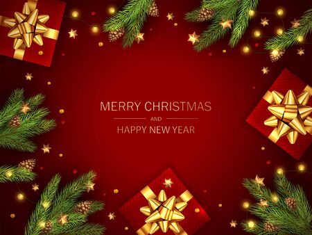 Holiday decorations with gifts and bow, fir tree branches, pine cones, Christmas lights and golden stars on red background. Illustration can be used for Christmas design, cards, invitations, banners.のイラスト素材