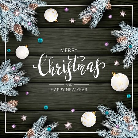 Christmas decorations with fir tree branches, pine cones, white balls and stars on black wooden background. Illustration can be used for holiday design, cards, invitation and banners.のイラスト素材