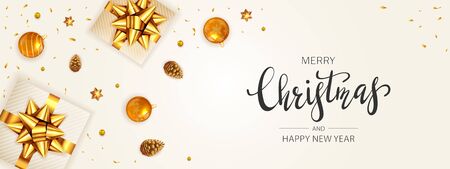 Christmas decorations with balls, holiday gifts with golden bow, pine cones and shiny stars on beige background. Illustration can be used for Christmas design, posters, cards, websites and banners.のイラスト素材