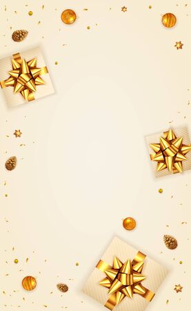 Christmas card with balls, holiday decorations, gifts with golden bow, pine cones and shiny stars on beige background. Illustration can be used for Christmas design, posters, cards, websites, banners.のイラスト素材