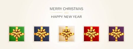 Christmas poster. Set of colored realistic gifts with golden bows on beige background. Illustration with holiday lettering can be used for Christmas design, posters, cards, websites, headers, banners.のイラスト素材